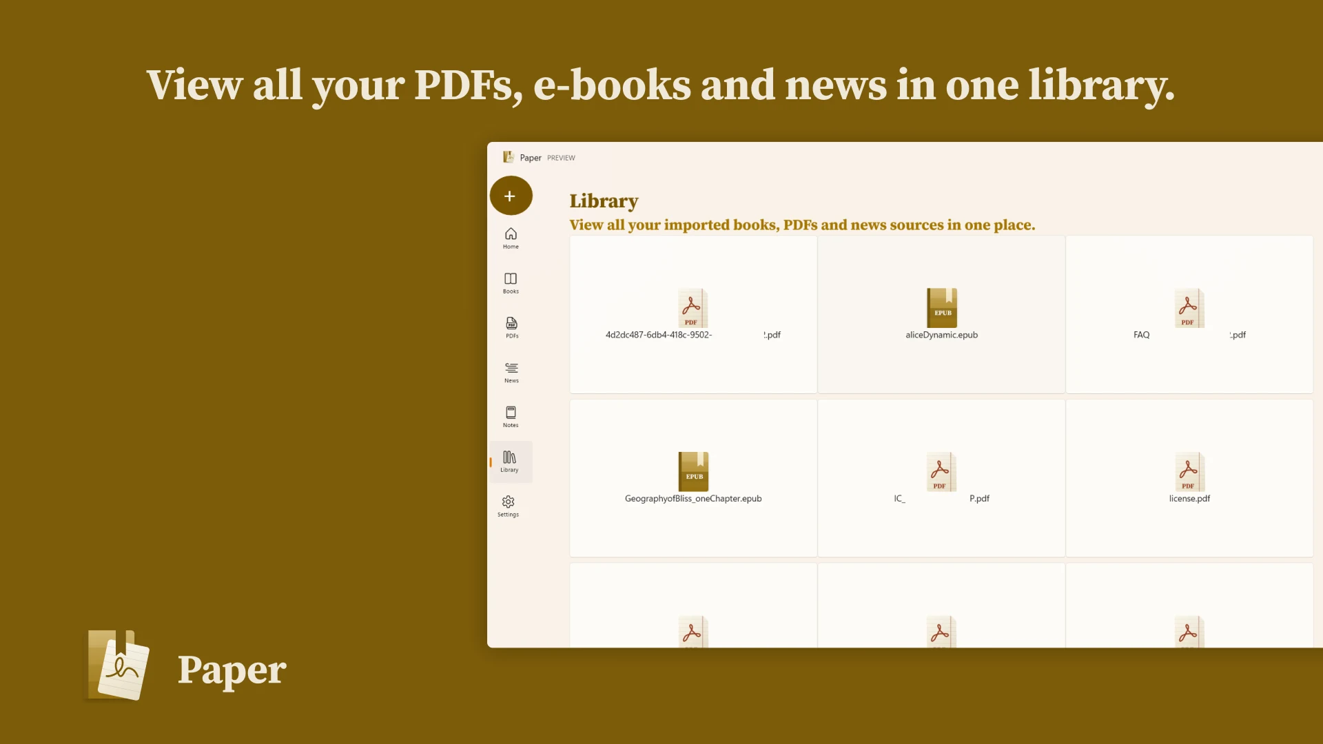 The Paper library showing imported PDF and EPUB documents.