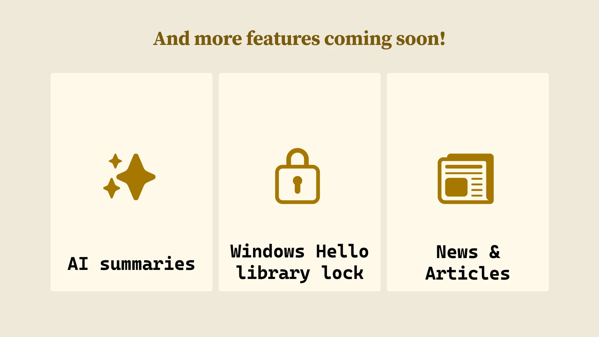 Paper roadmap artwork for AI summaries, Windows Hello library lock, and news.